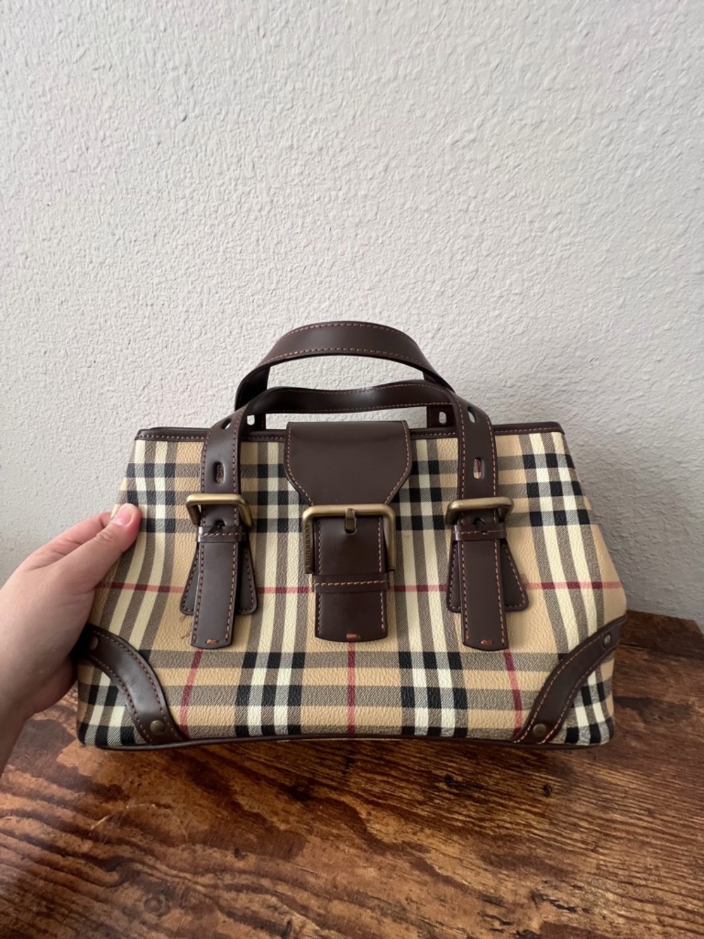 Burberry Beige Plaid Satchel with Brown Leather Trim